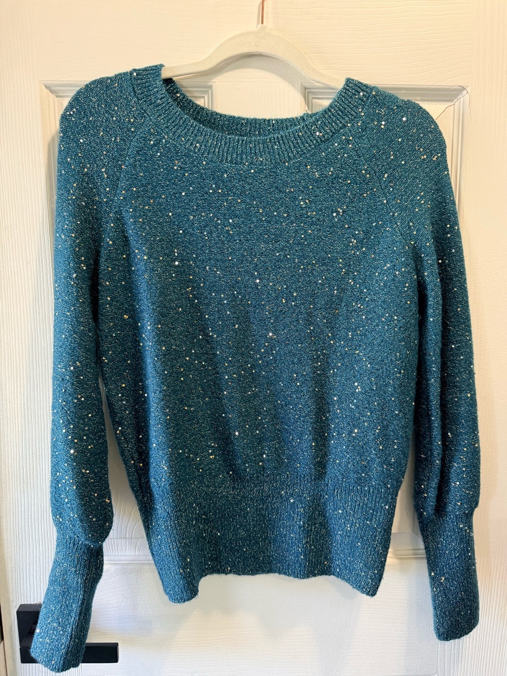 Lauren Conrad Teal Metallic Sequin Puff Sleeve Sweater XS